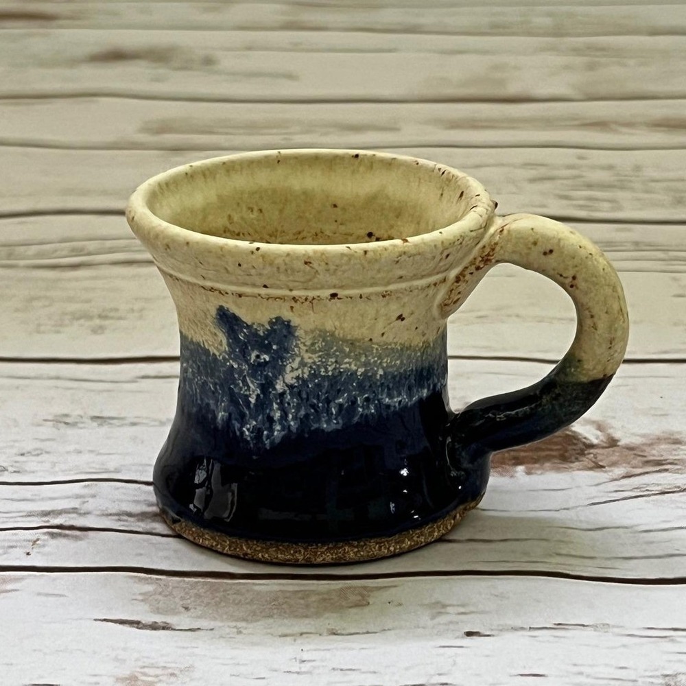 Handmade Espresso 3" Size Stoneware Mug with Drip Glaze in Blue and Cream